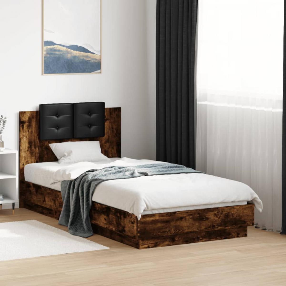 Estructura de cama cabecero luces LED roble ahumado 75x190 cm