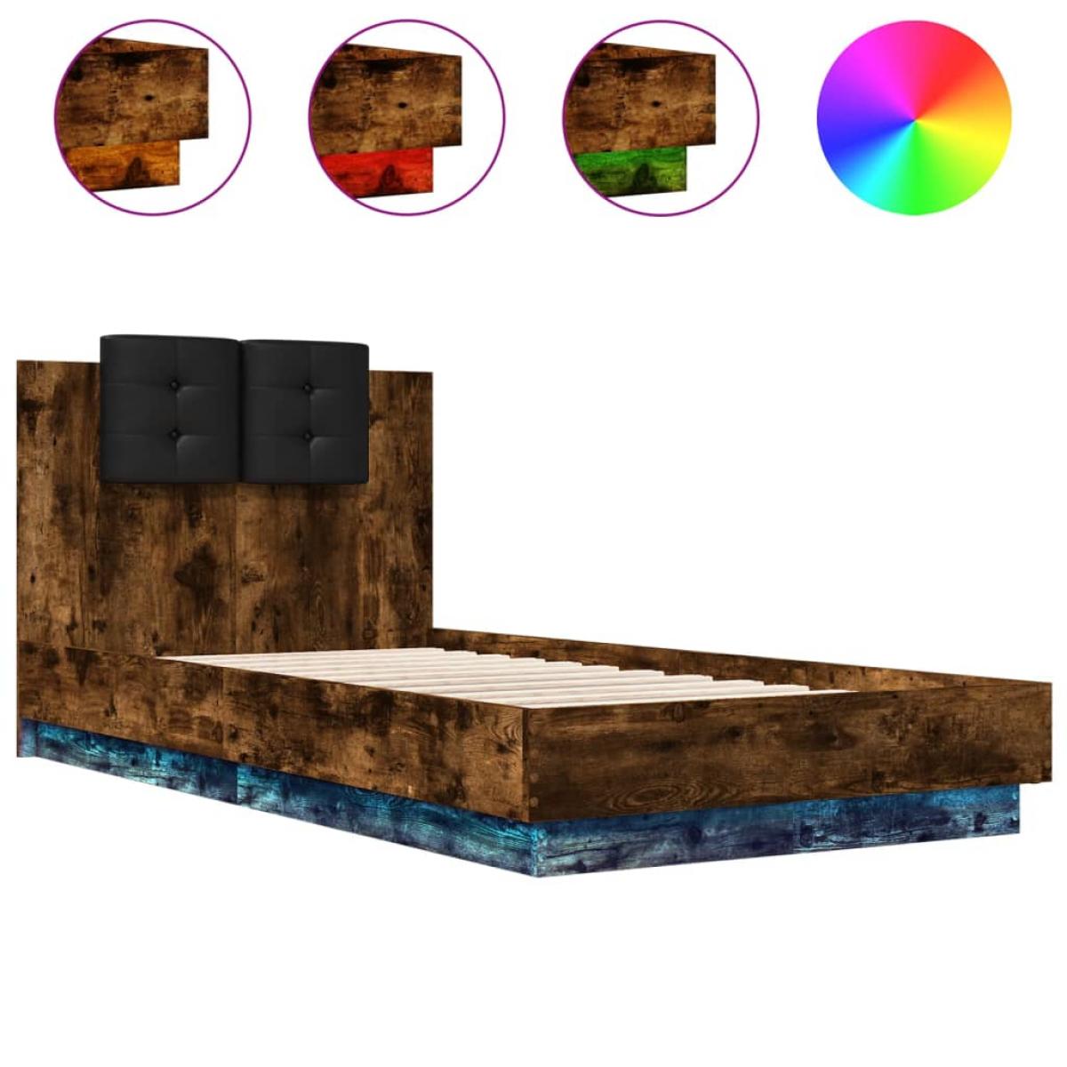 Estructura de cama cabecero luces LED roble ahumado 75x190 cm