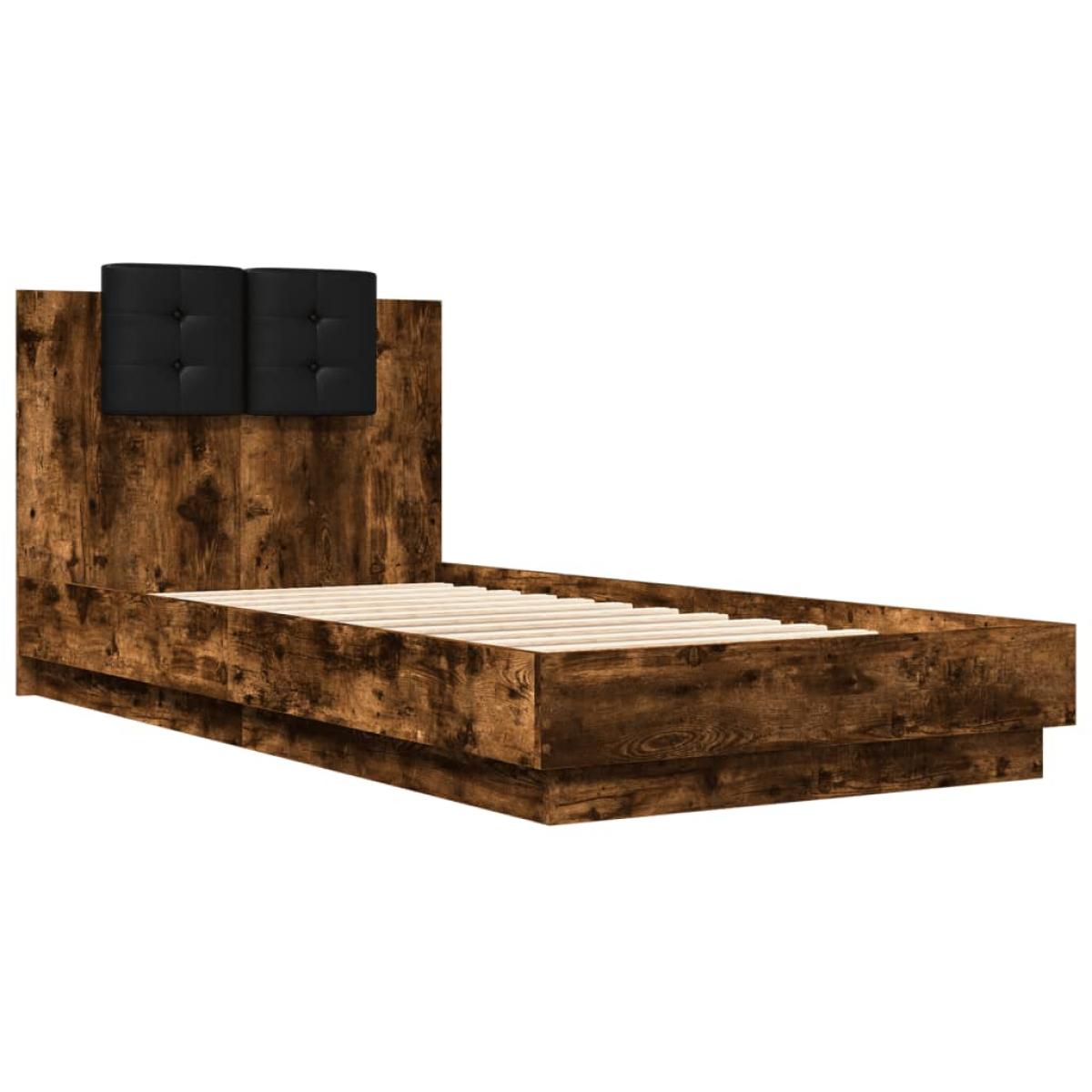 Estructura de cama cabecero luces LED roble ahumado 75x190 cm
