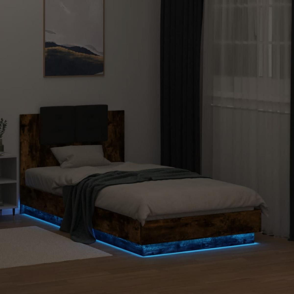 Estructura de cama cabecero luces LED roble ahumado 75x190 cm