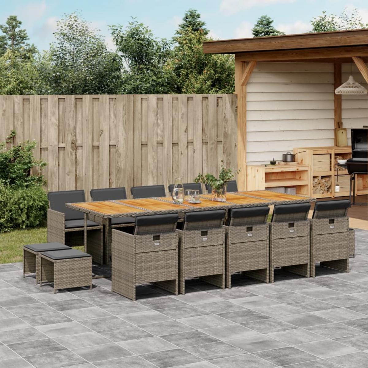 Set comedor de jardín con cojines 15 pzas ratán sintético gris