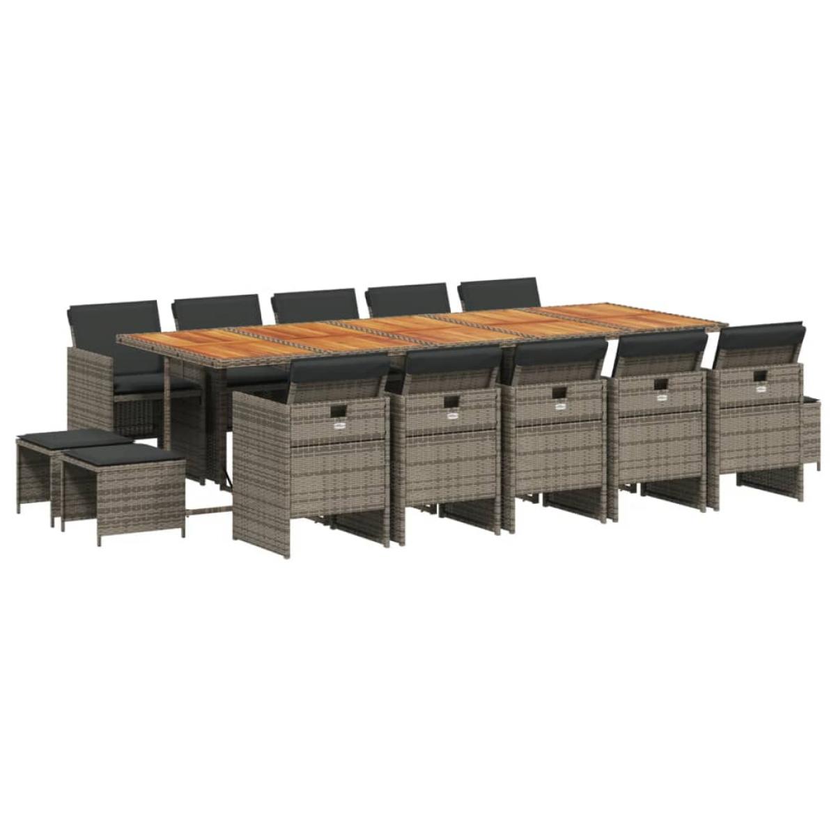 Set comedor de jardín con cojines 15 pzas ratán sintético gris