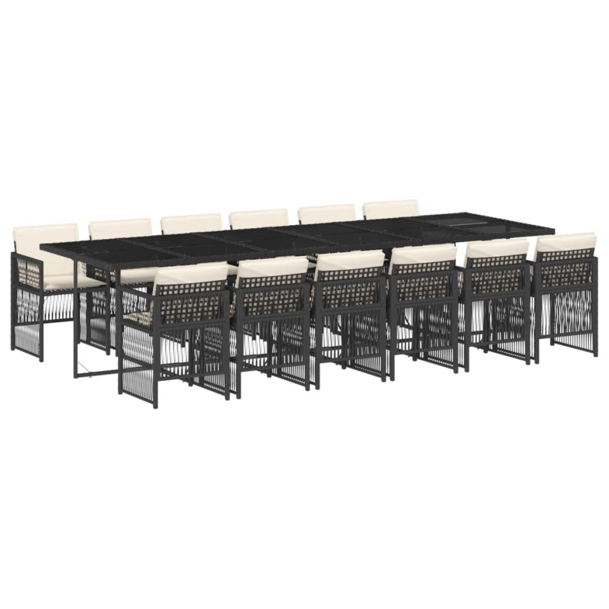 Set comedor de jardín con cojines 13 pzas ratán sintético negro