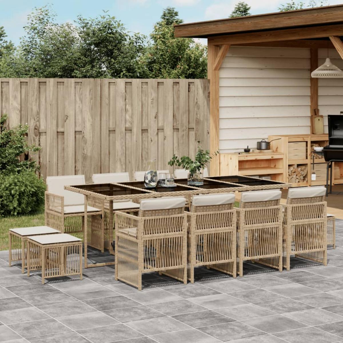 Set comedor de jardín con cojines 13 pzas ratán sintético beige