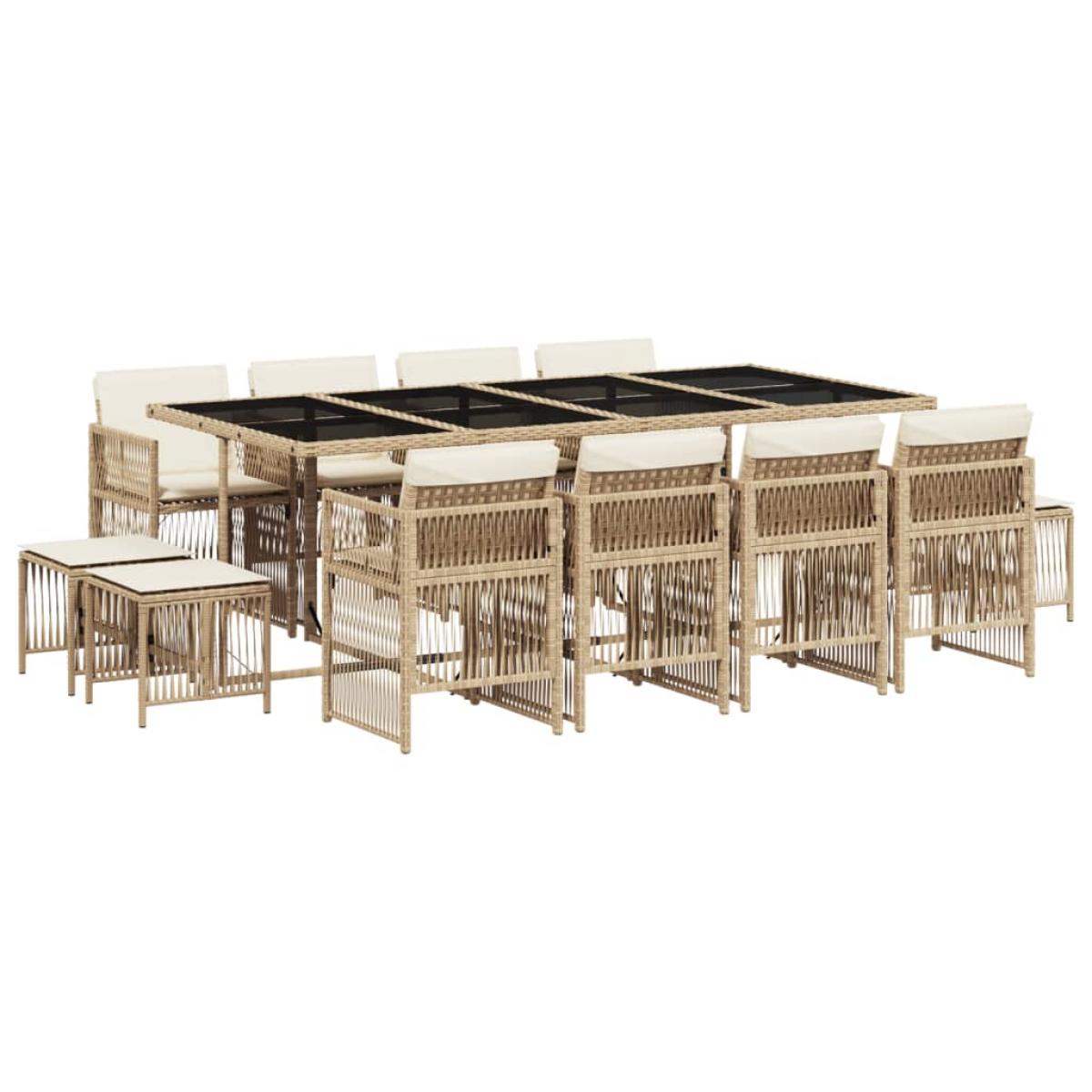 Set comedor de jardín con cojines 13 pzas ratán sintético beige