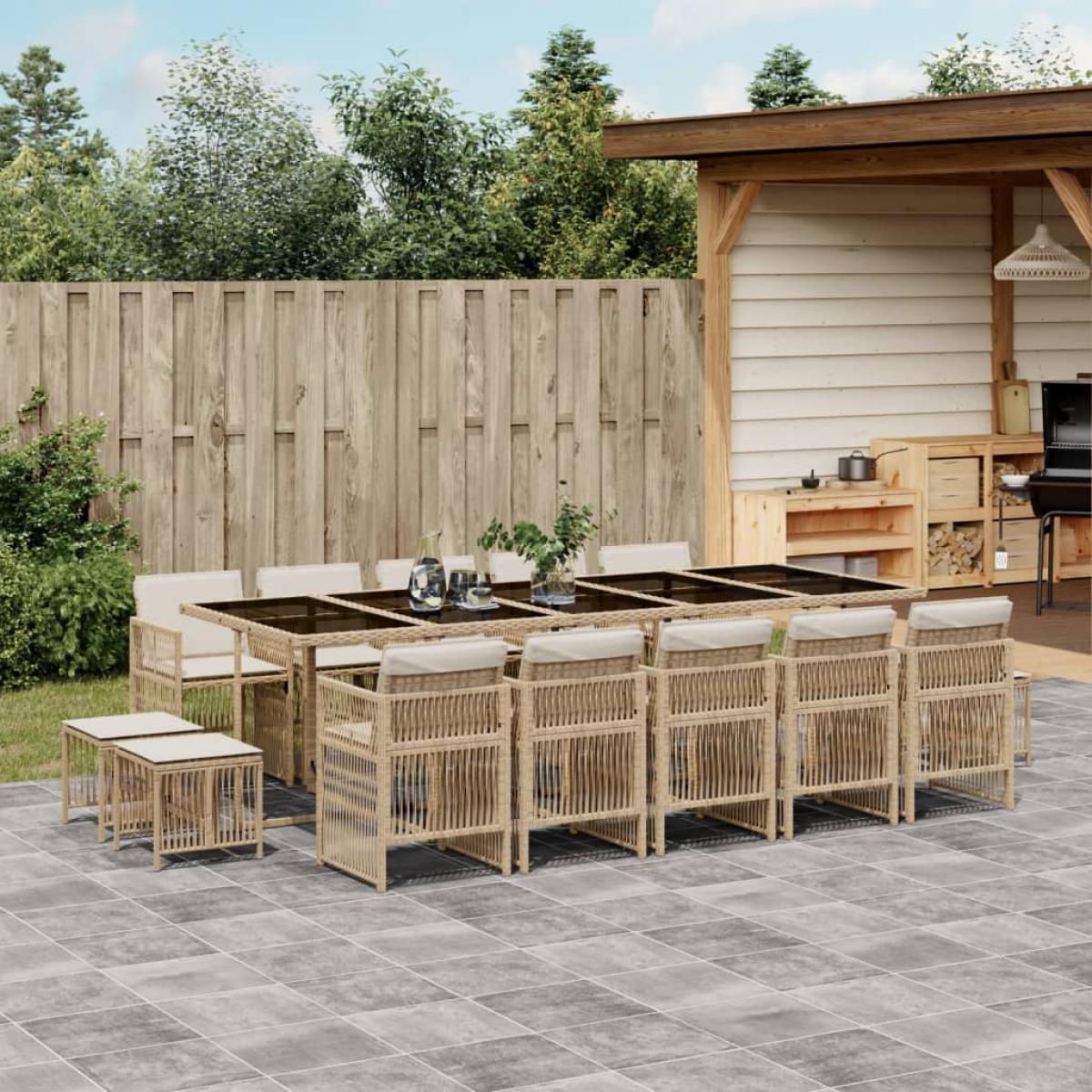 Set comedor de jardín con cojines 15 pzas ratán sintético beige