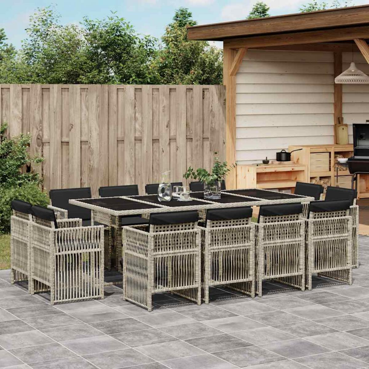 Set comedor jardín y cojines 13 pzas ratán sintético gris claro