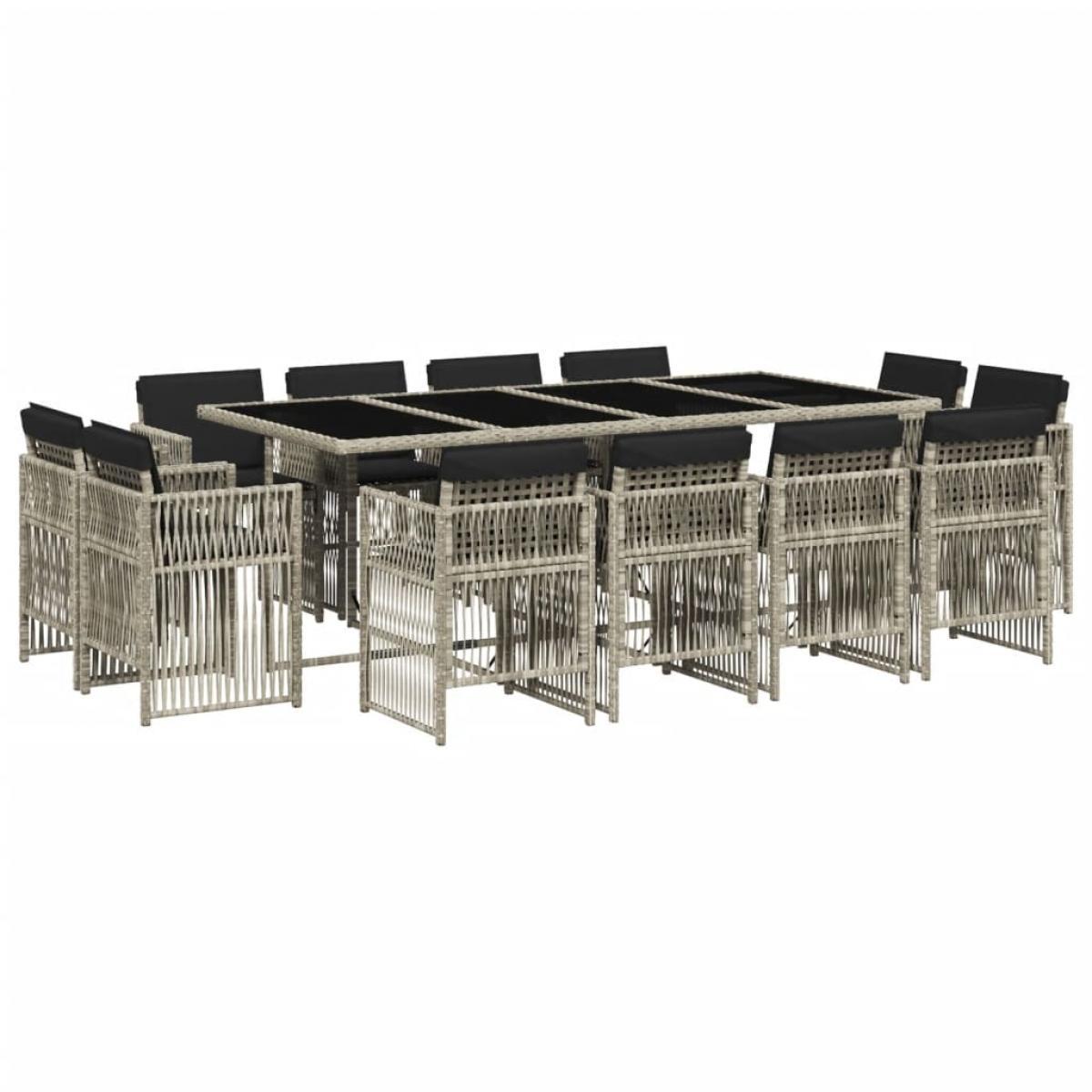 Set comedor jardín y cojines 13 pzas ratán sintético gris claro