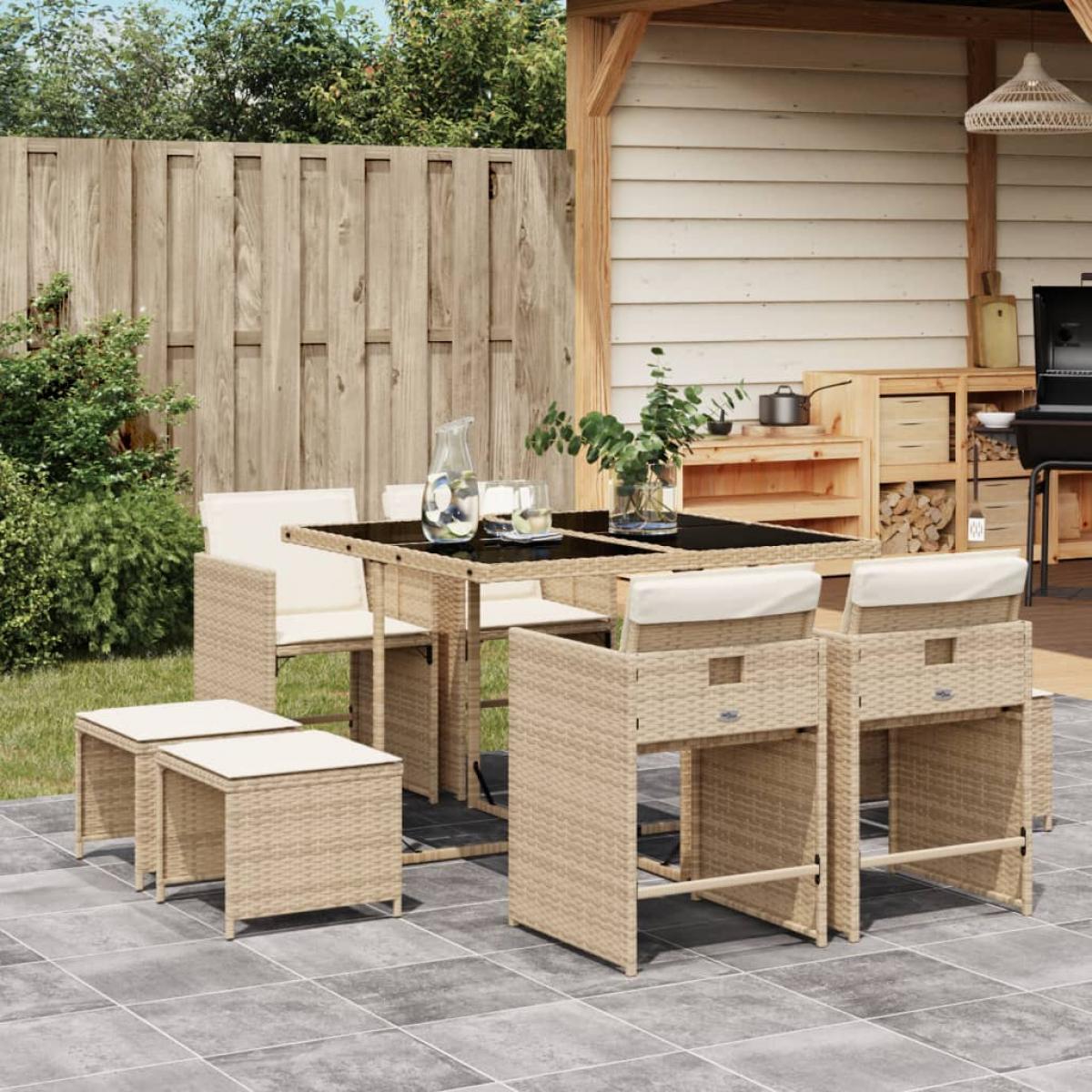 Set comedor de jardín 9 pzas con cojines ratán sintético beige