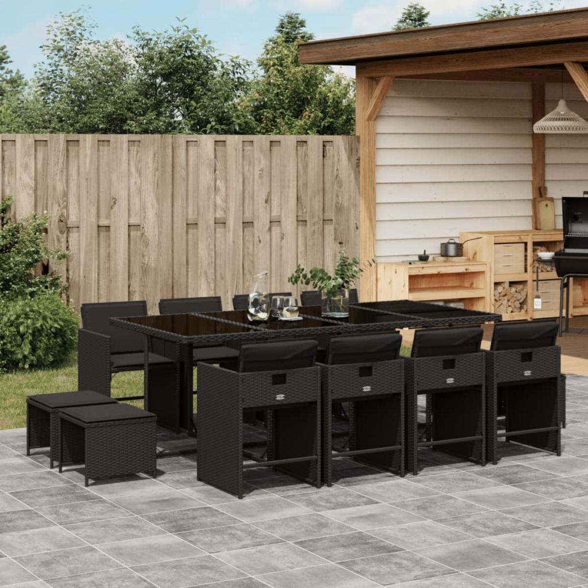Set comedor de jardín con cojines 13 pzas ratán sintético negro