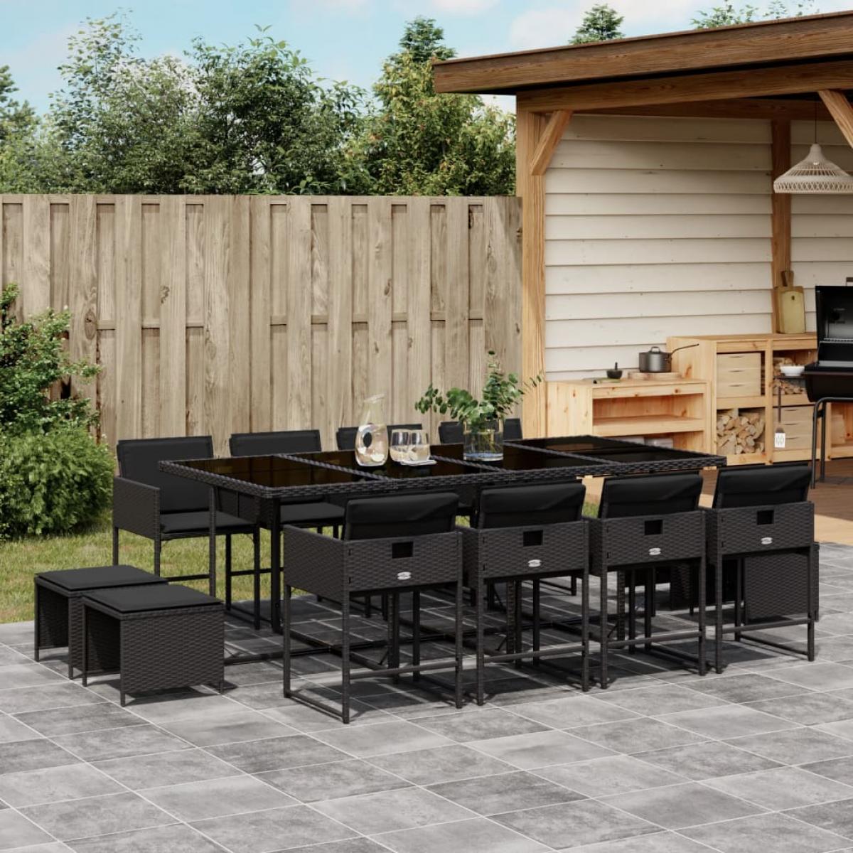 Set comedor de jardín con cojines 13 pzas ratán sintético negro