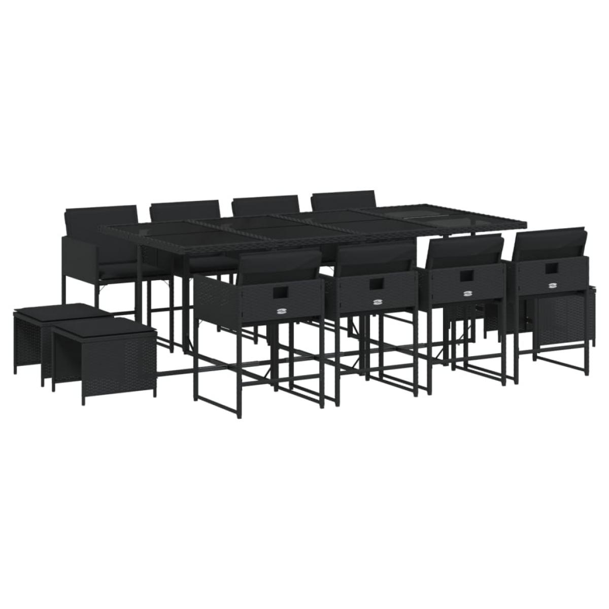 Set comedor de jardín con cojines 13 pzas ratán sintético negro