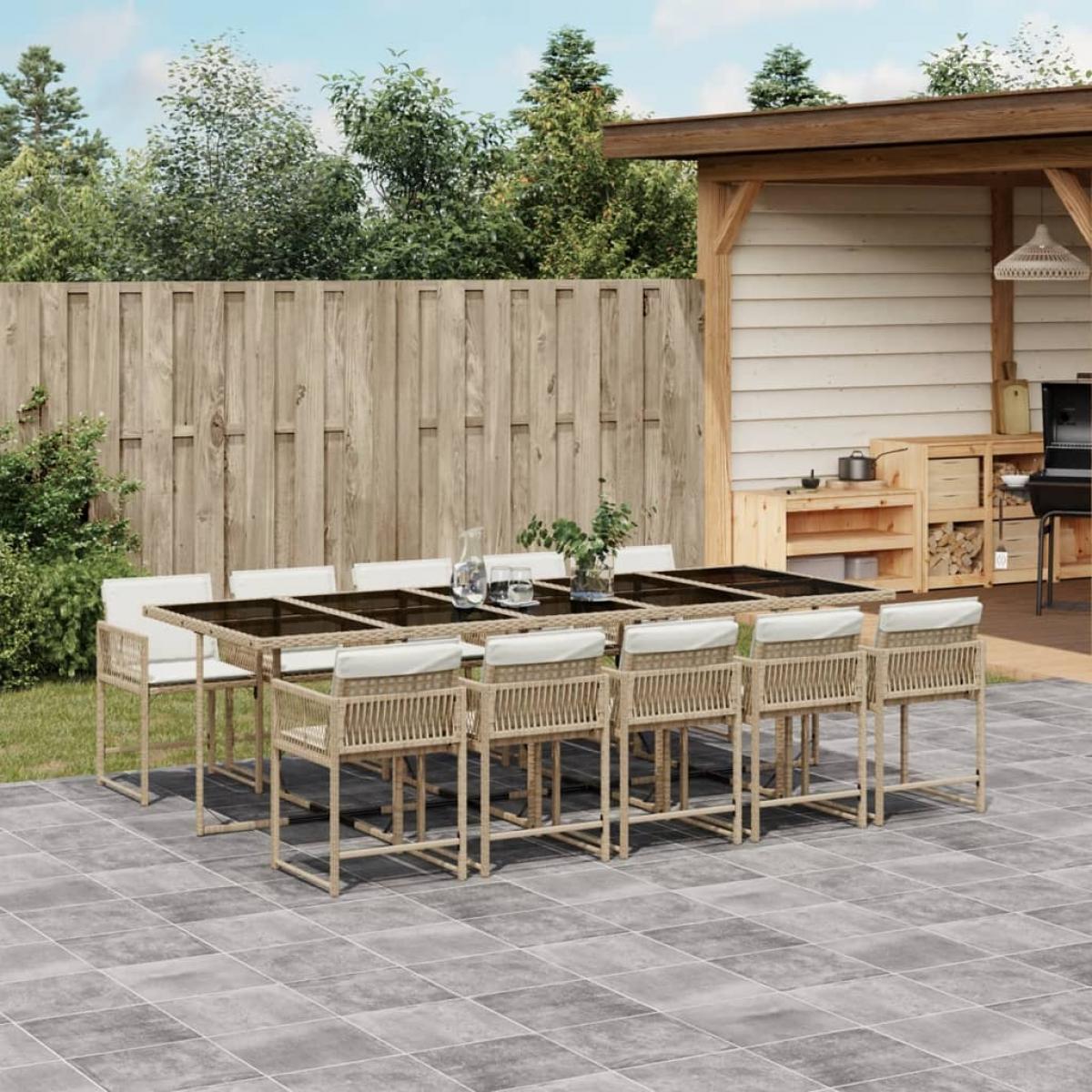 Set comedor de jardín 11 pzas con cojines ratán sintético beige