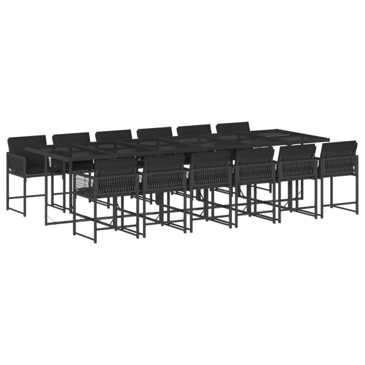 Set comedor de jardín con cojines 13 pzas ratán sintético negro