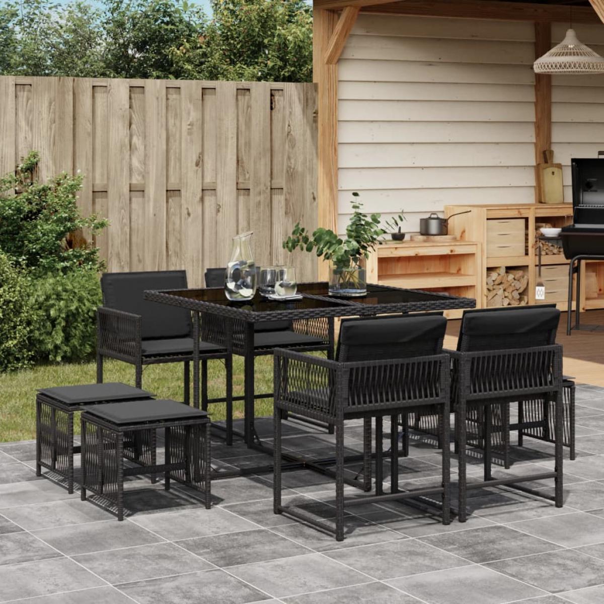Set de comedor de jardín 9 pzas y cojines ratán sintético negro