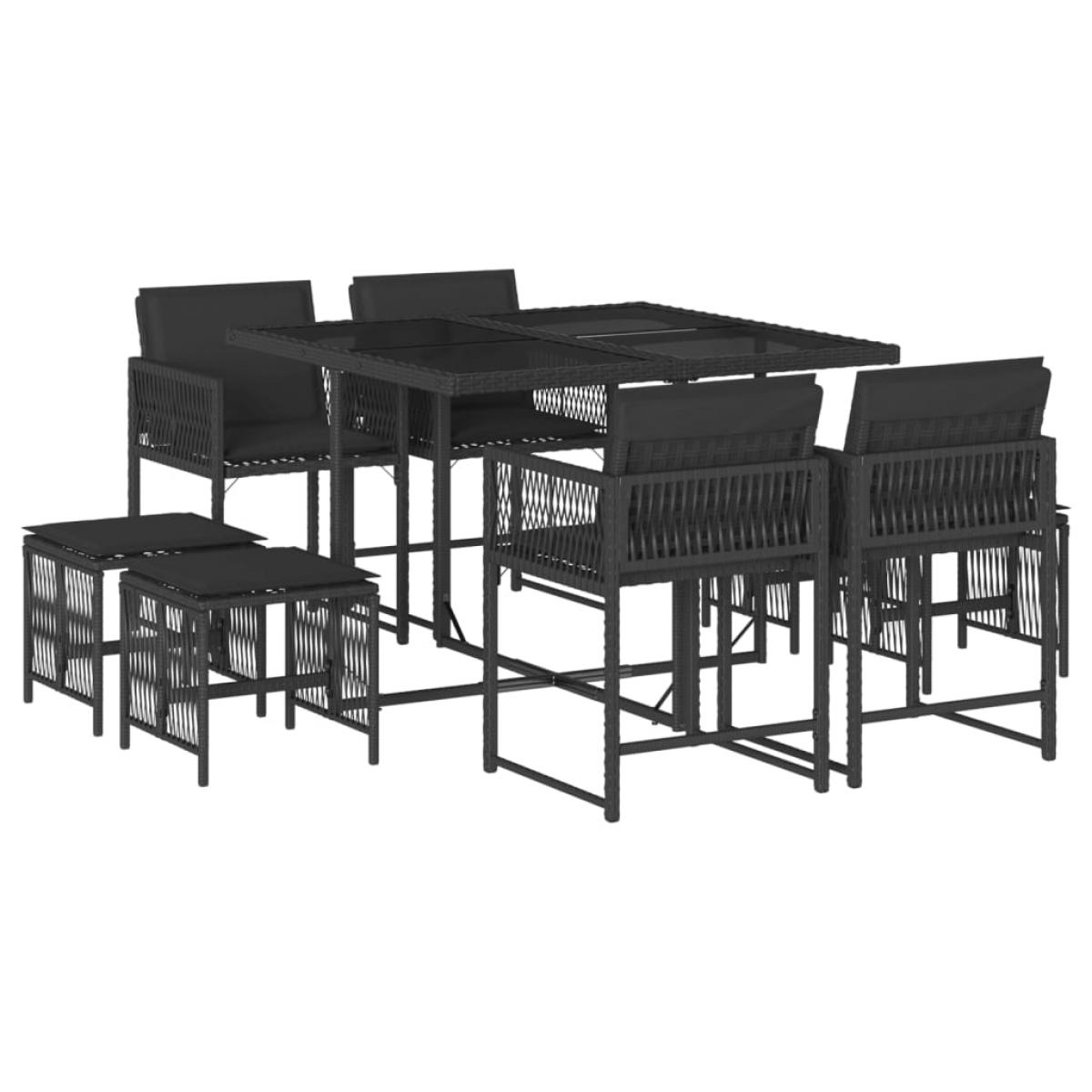 Set de comedor de jardín 9 pzas y cojines ratán sintético negro
