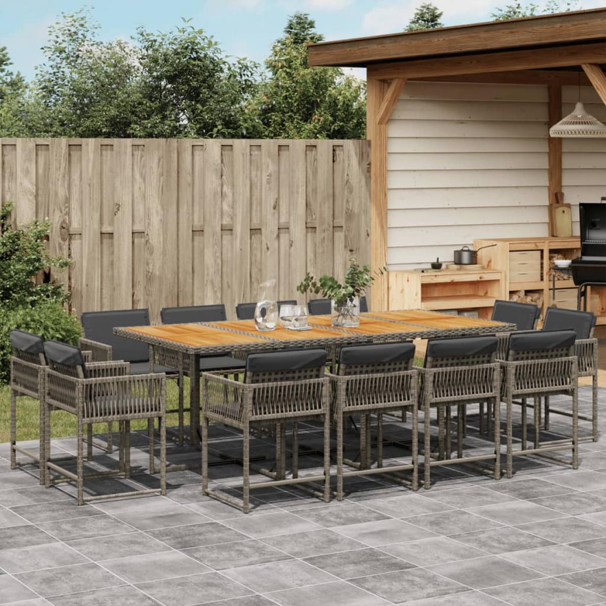 Set comedor de jardín con cojines 13 pzas ratán sintético gris