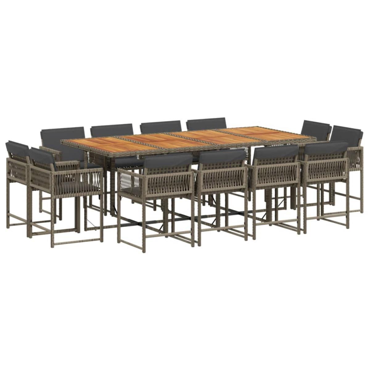 Set comedor de jardín con cojines 13 pzas ratán sintético gris