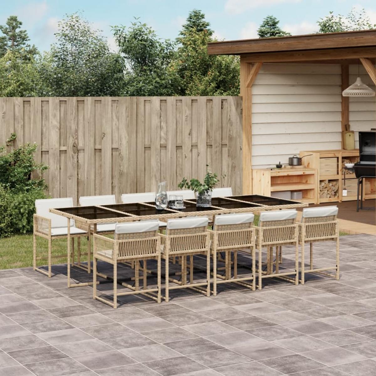 Set comedor de jardín 11 pzas con cojines ratán sintético beige