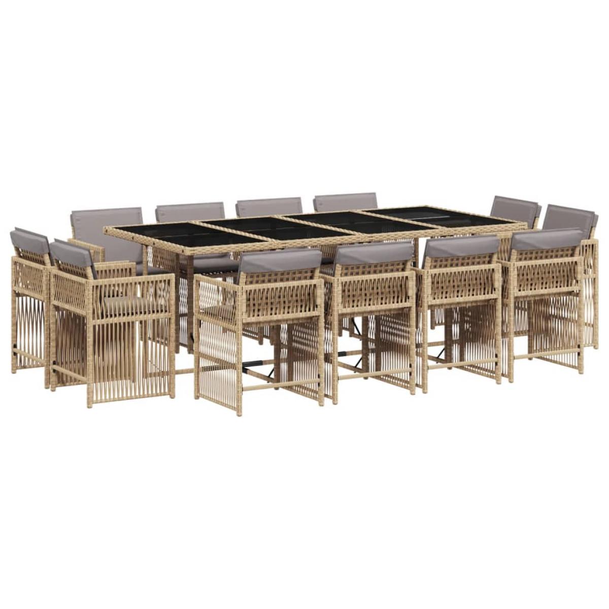 Set comedor de jardín con cojines 13 pzas ratán sintético beige