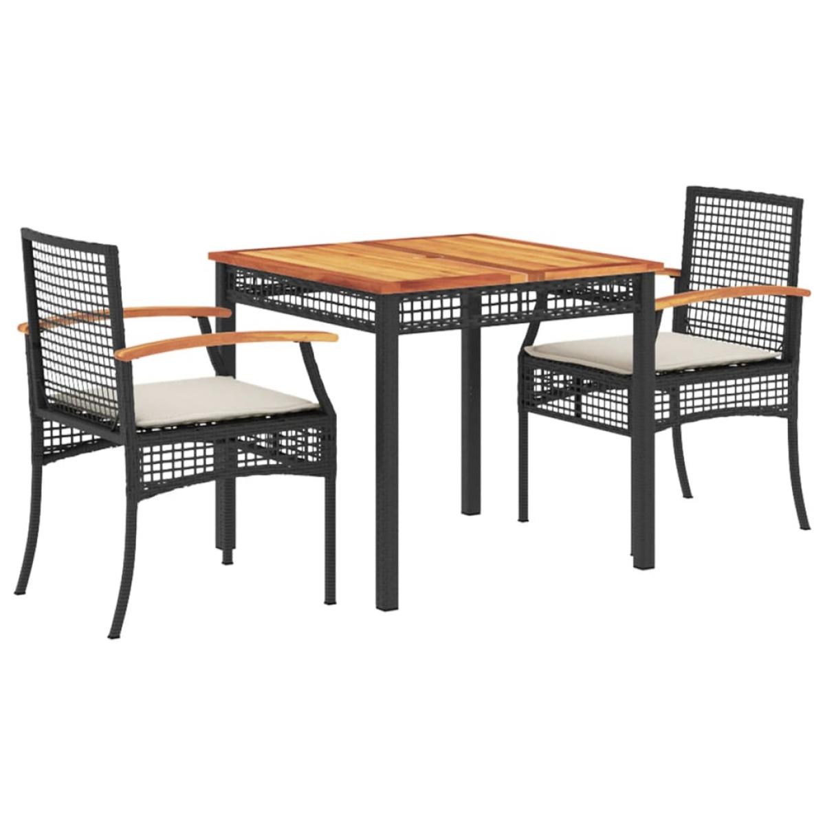 Set comedor de jardín 3 pzas con cojines ratán sintético negro