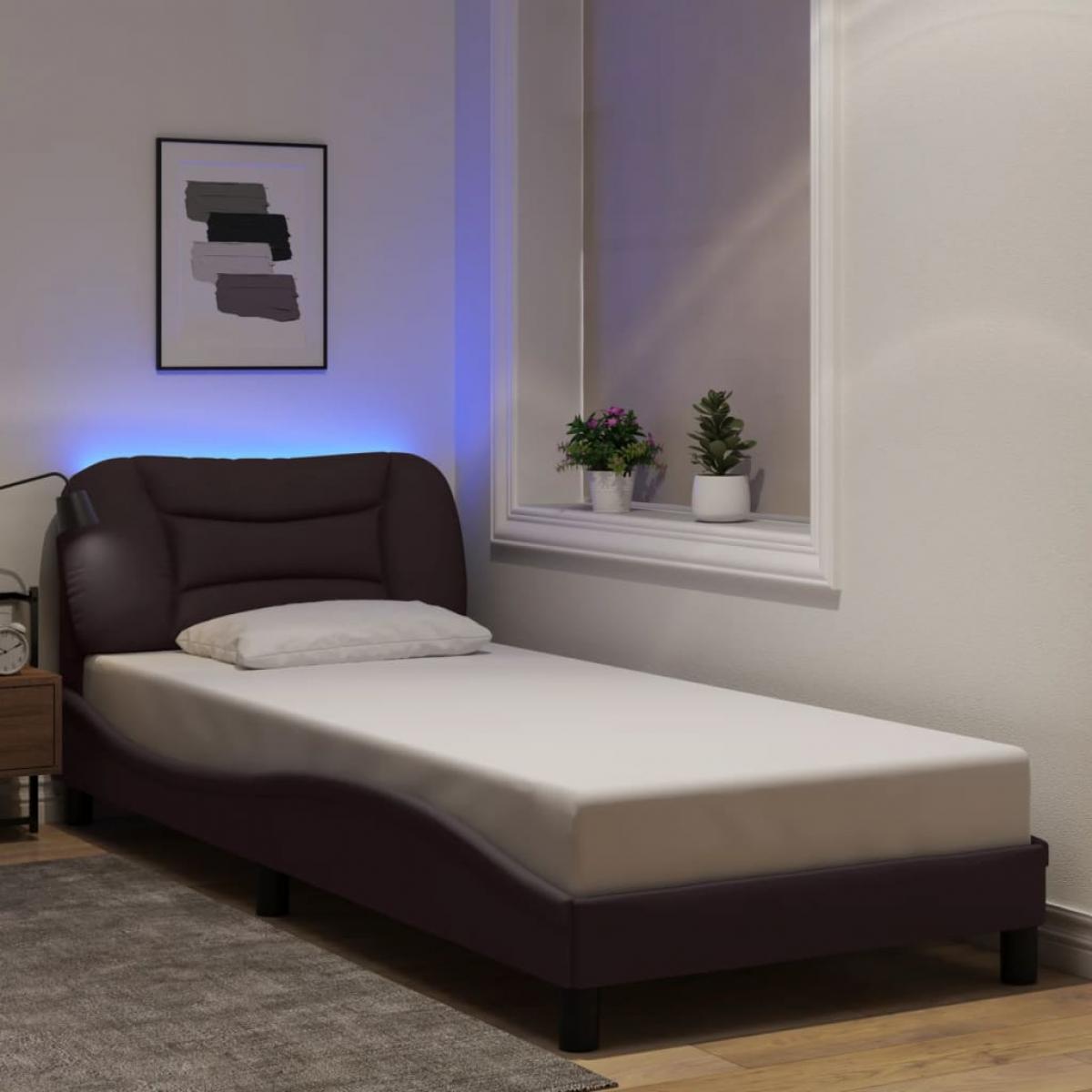 Estructura de cama con luces LED tela marrón oscuro 90x200 cm