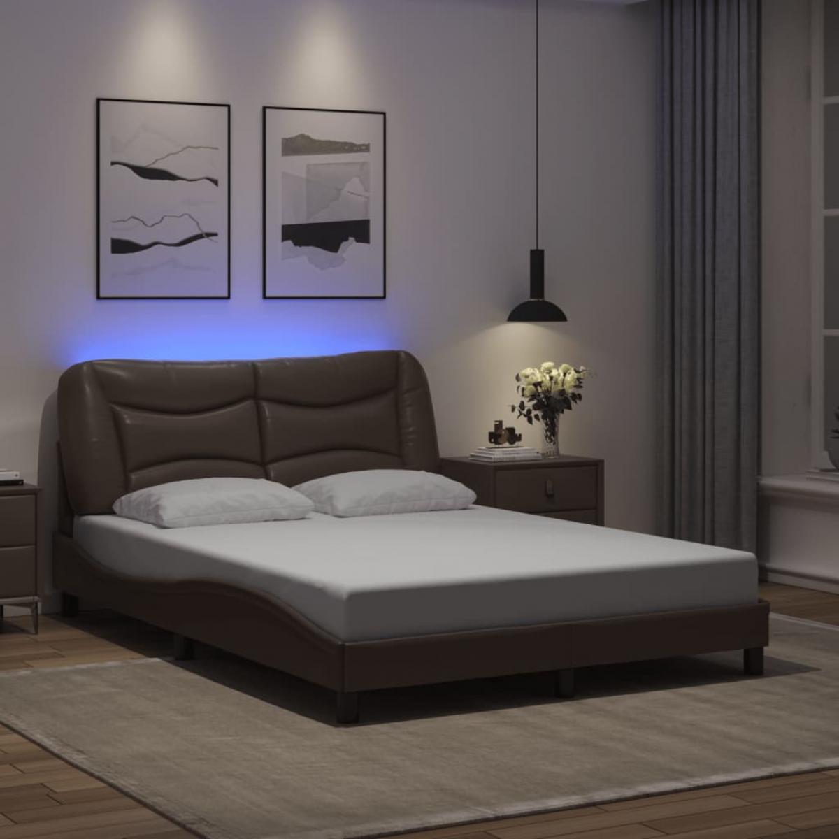 Estructura cama con luces LED cuero sintético marrón 140x190 cm