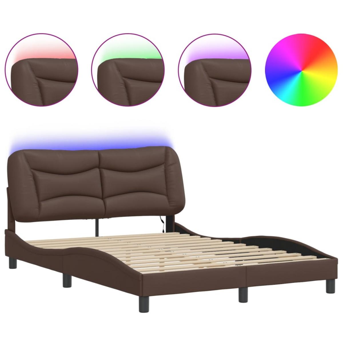 Estructura cama con luces LED cuero sintético marrón 140x190 cm