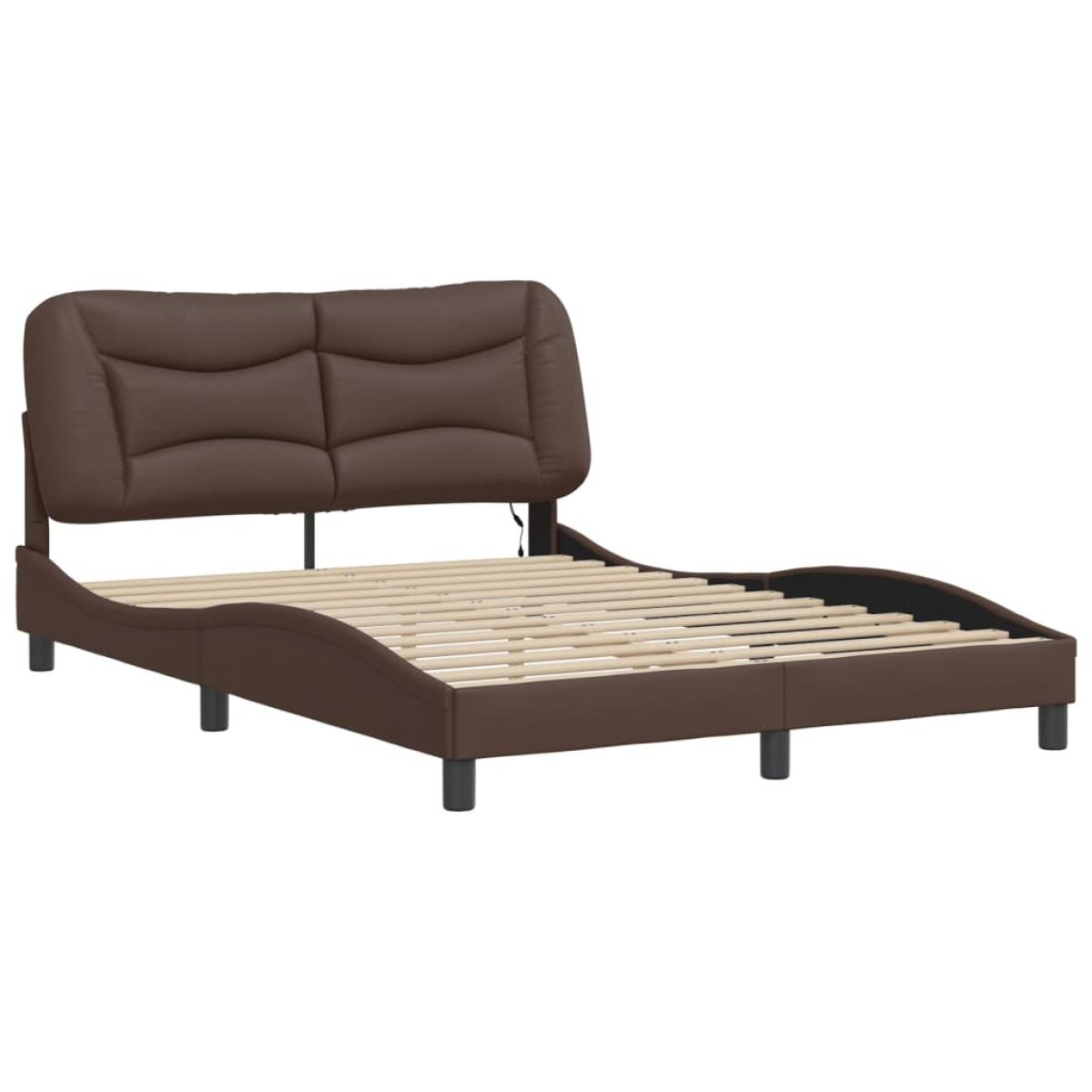 Estructura cama con luces LED cuero sintético marrón 140x190 cm