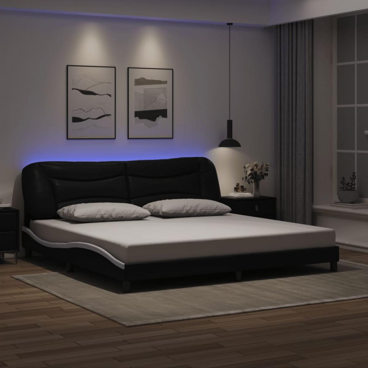 Estructura cama con LED cuero sintético negro blanco 200x200 cm