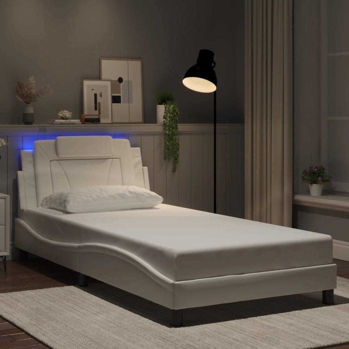 Estructura cama con luces LED cuero sintético blanco 100x200 cm