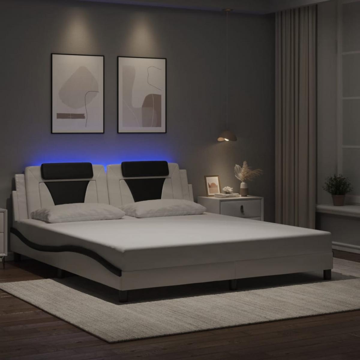 Estructura cama con luces LED cuero PE blanco negro 180x200 cm