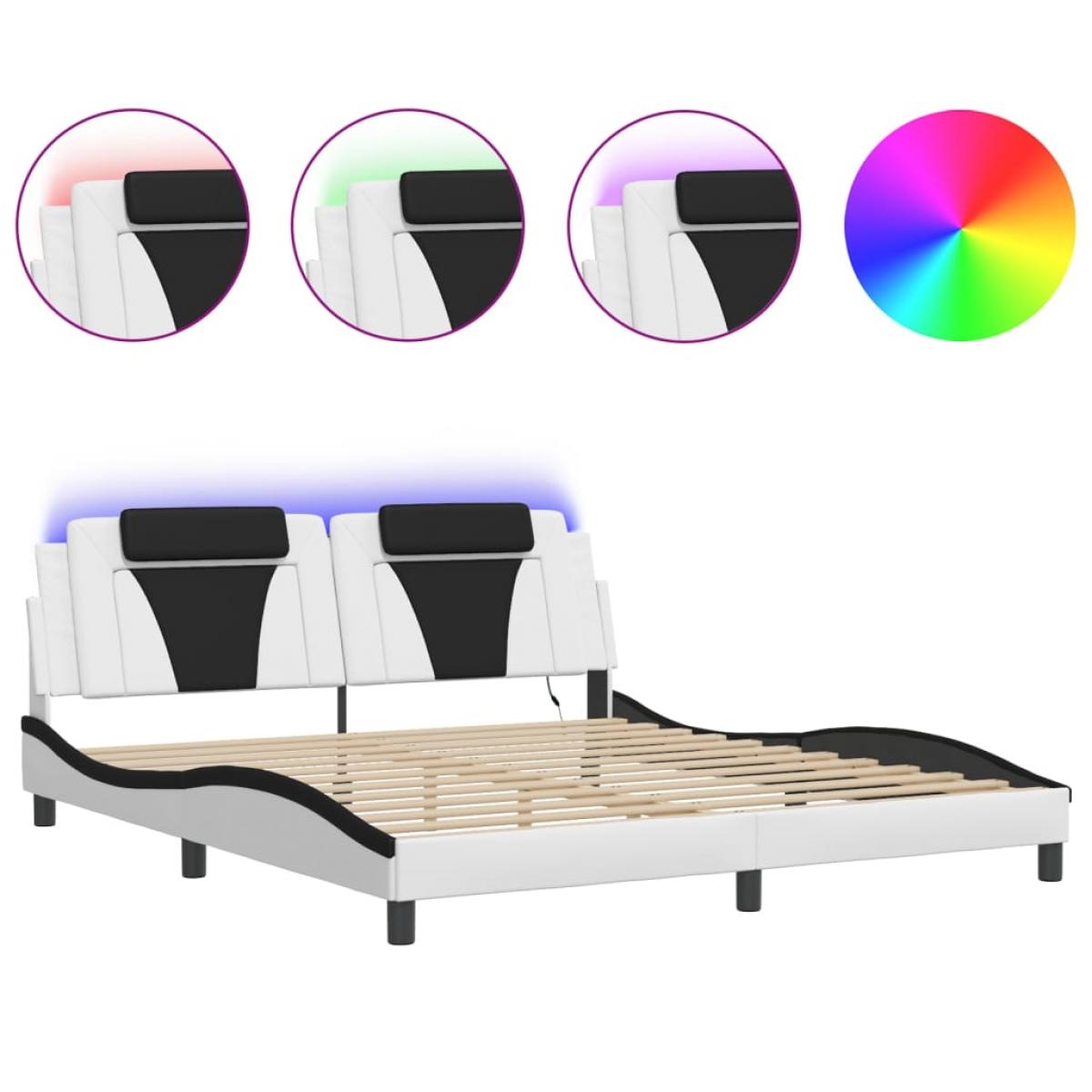 Estructura cama con luces LED cuero PE blanco negro 180x200 cm