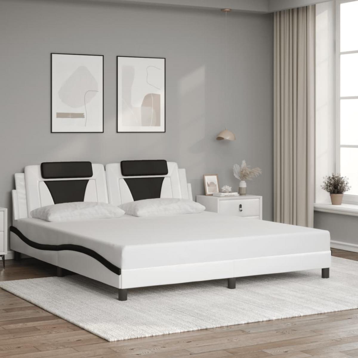 Estructura cama con luces LED cuero PE blanco negro 180x200 cm