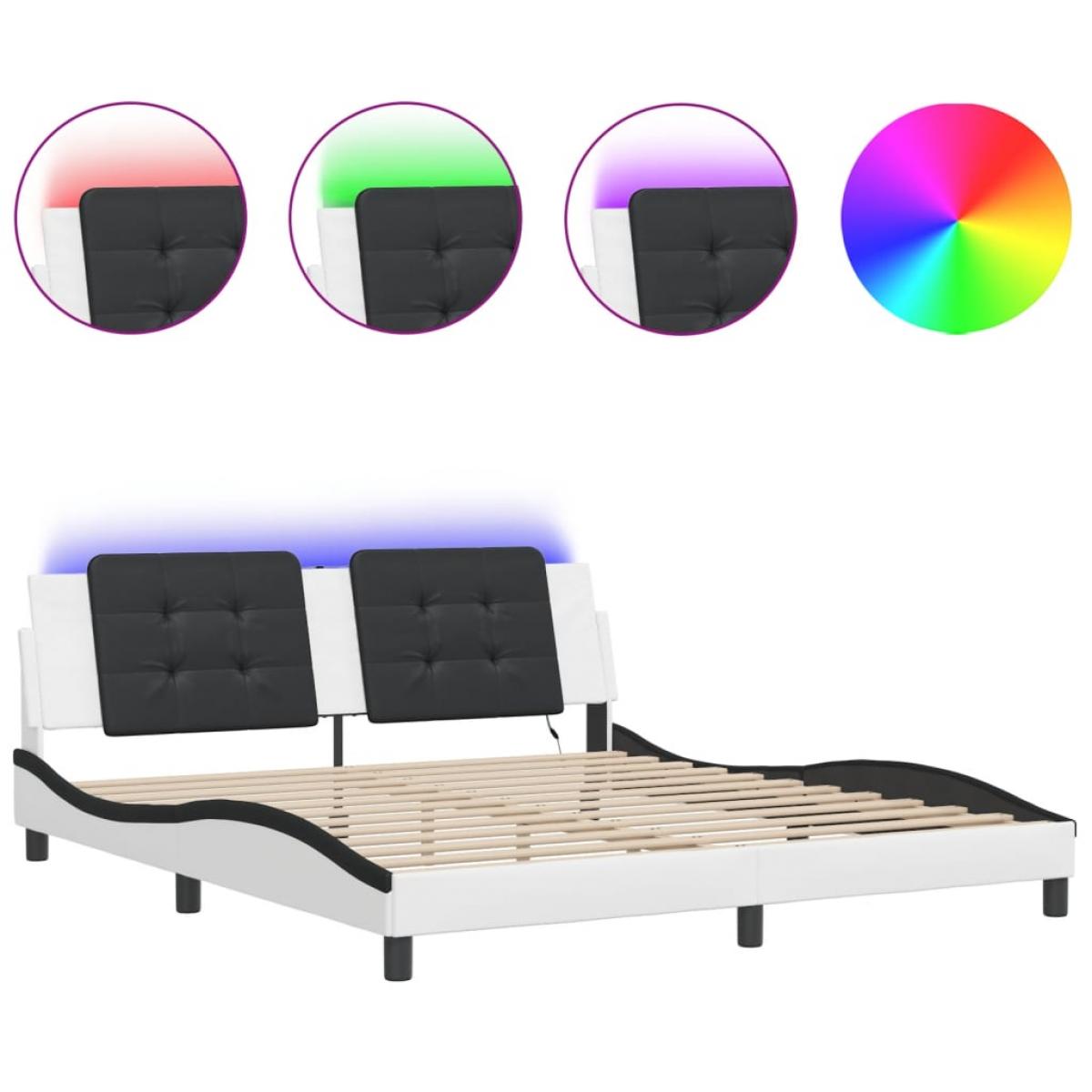 Estructura de cama con luz LED cuero PE blanco negro 180x200 cm