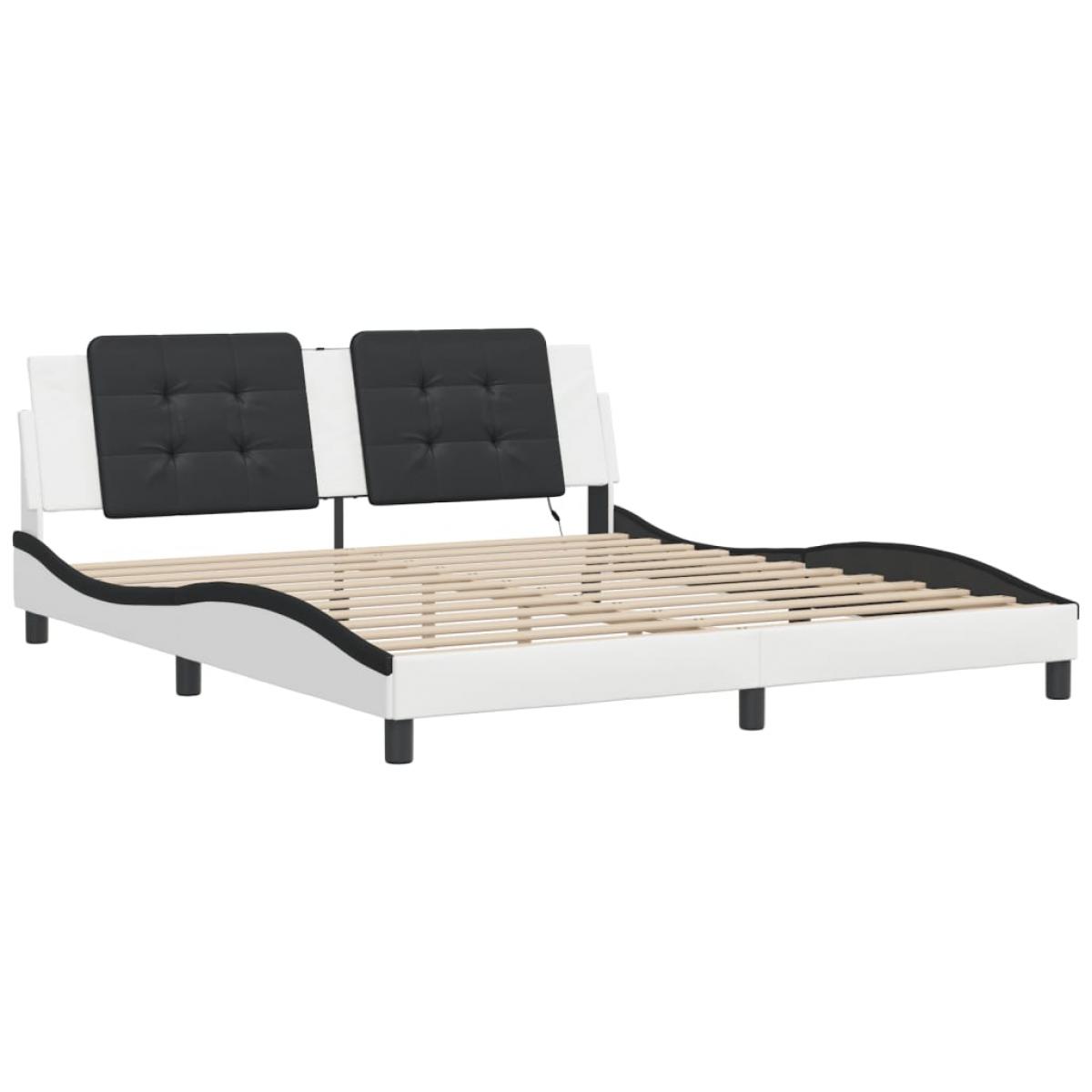 Estructura de cama con luz LED cuero PE blanco negro 180x200 cm