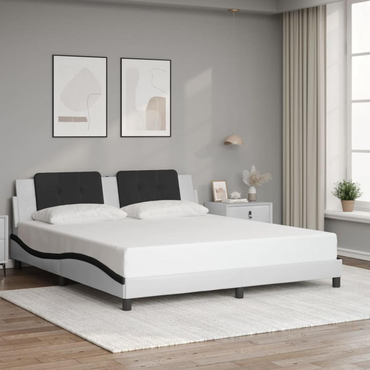 Estructura de cama con luz LED cuero PE blanco negro 180x200 cm