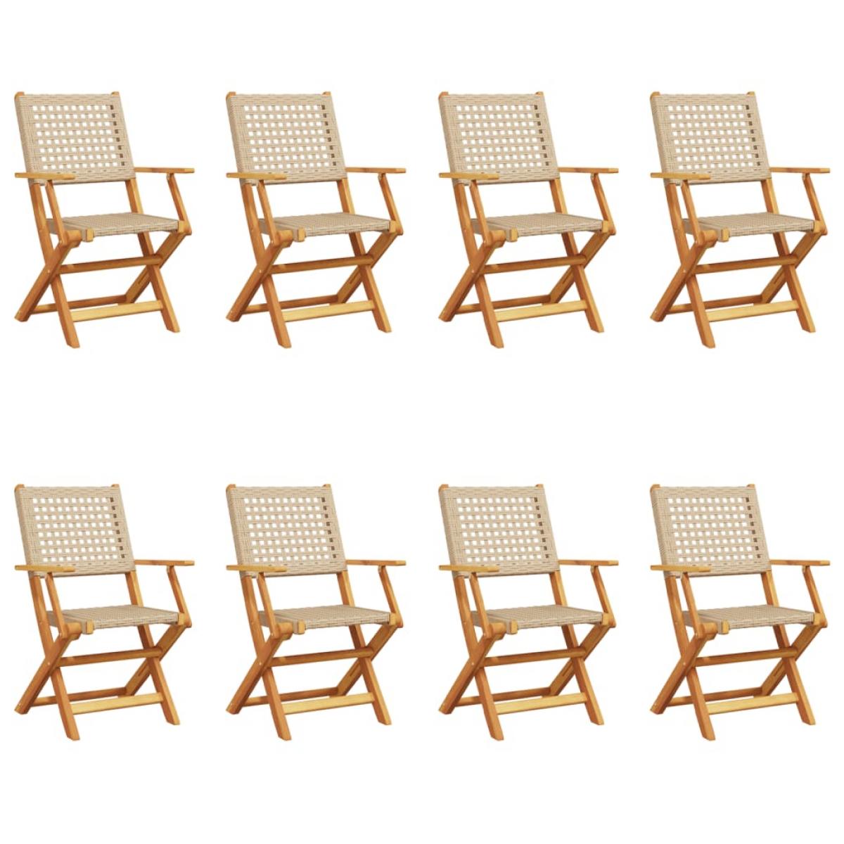 Sillas de jardín plegables 8 uds madera maciza y ratán PE beige