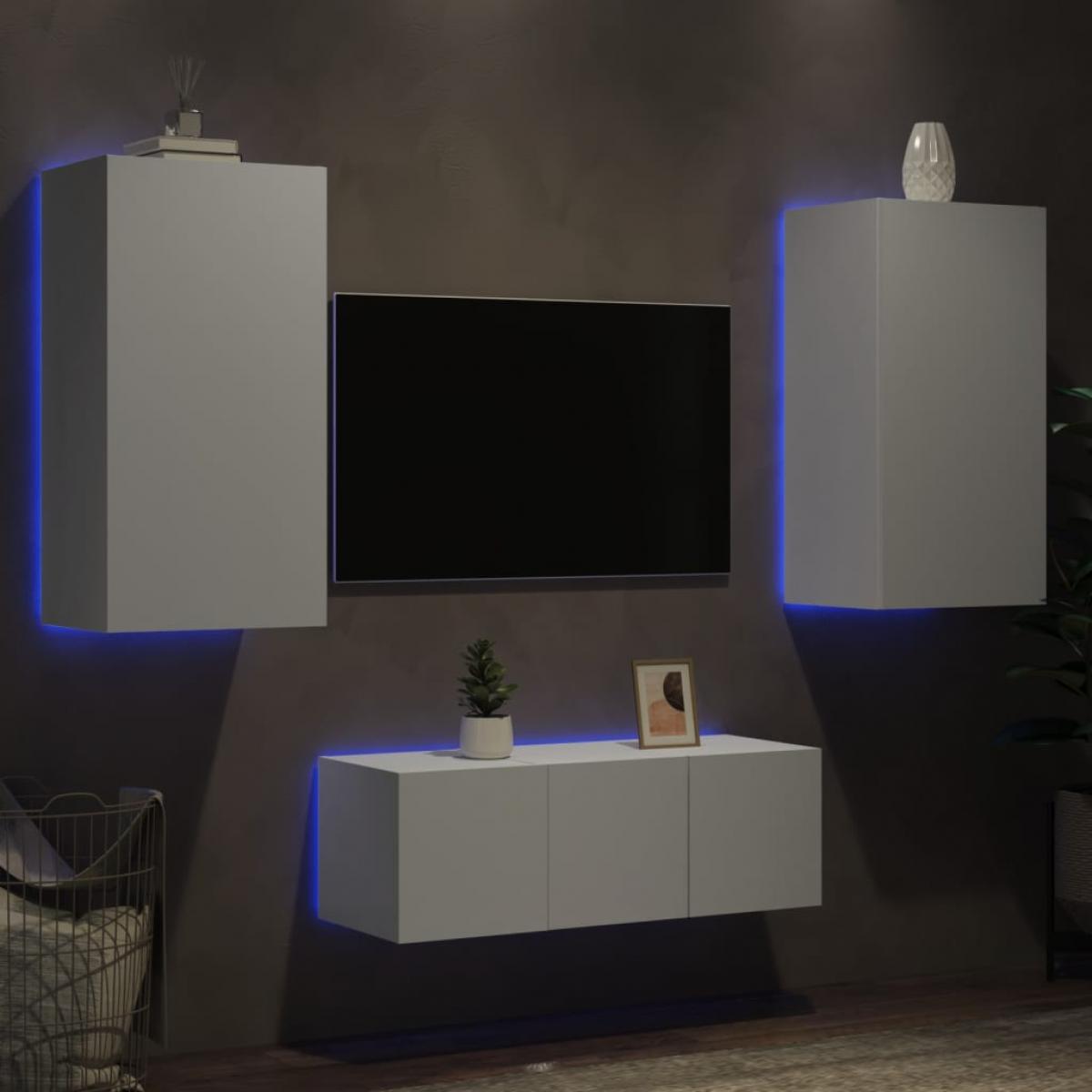 Muebles de TV de pared con LED 4 pzas madera ingeniería blanco