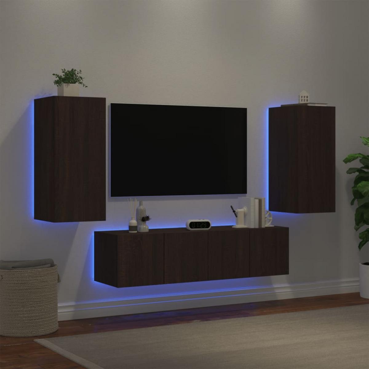 Muebles TV pared con LED 4 pzas madera ingeniería marrón roble