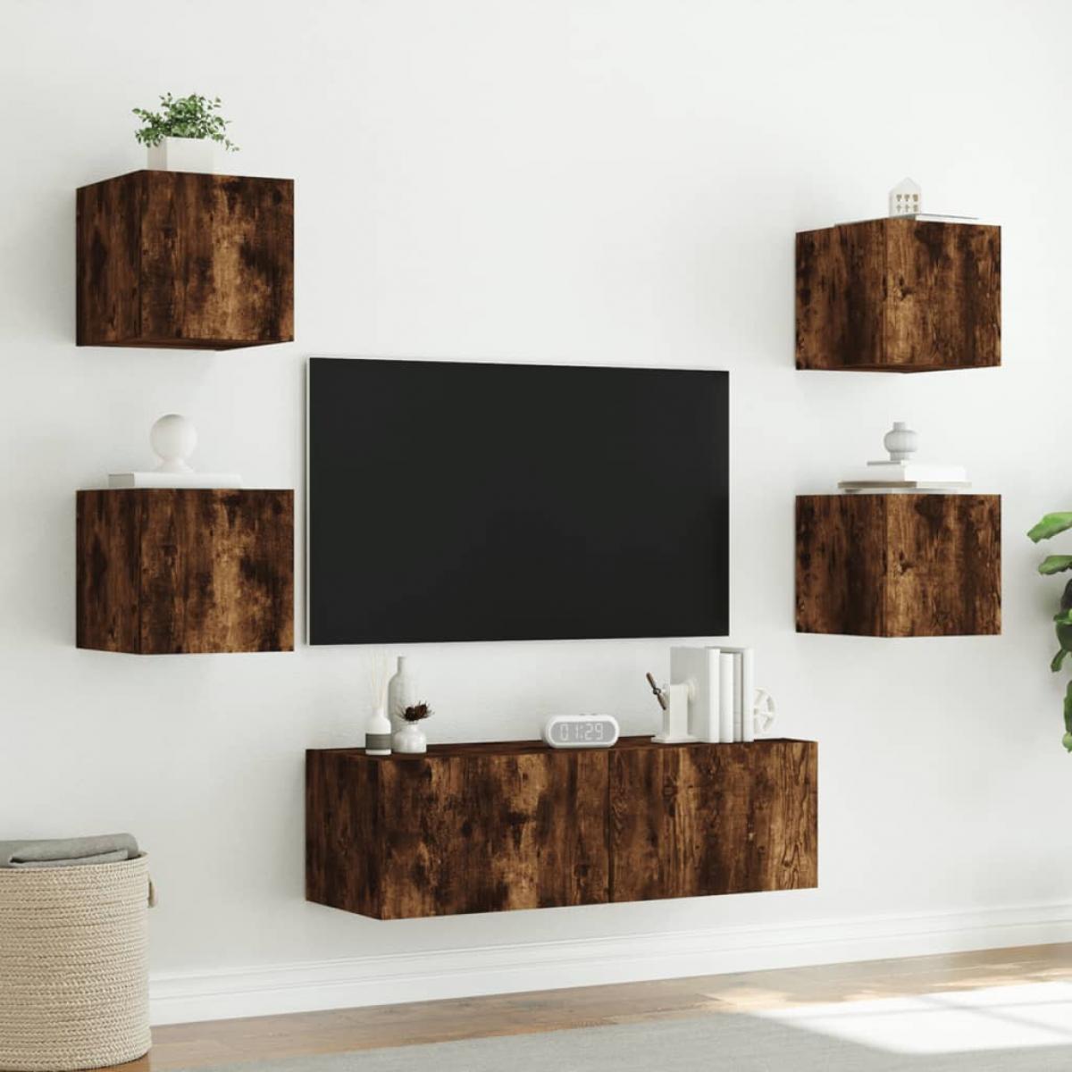Muebles de TV de pared con luces LED 5 piezas roble ahumado
