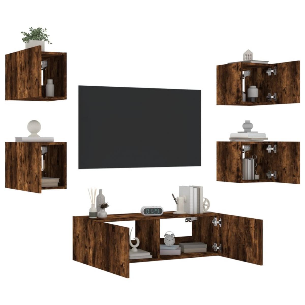Muebles de TV de pared con luces LED 5 piezas roble ahumado