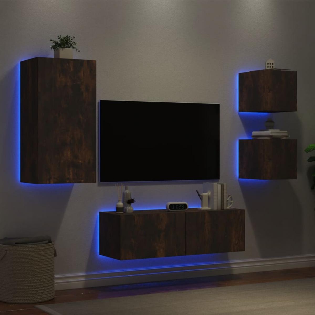 Muebles de TV de pared con luces LED 4 piezas roble ahumado
