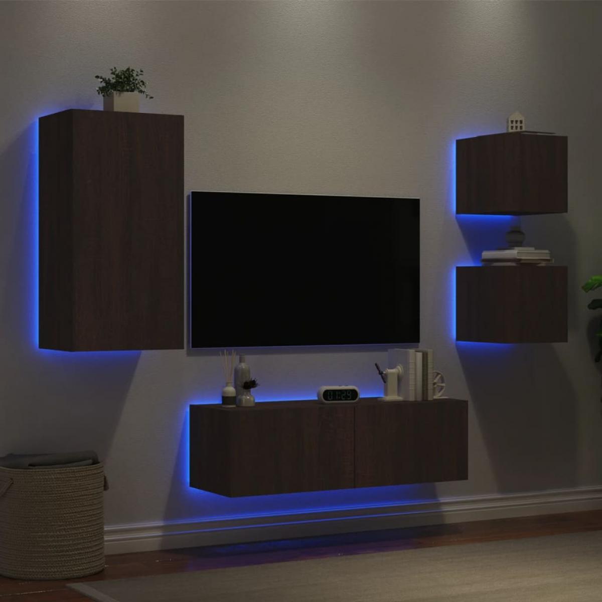 Muebles de TV de pared con luces LED 4 piezas marrón roble