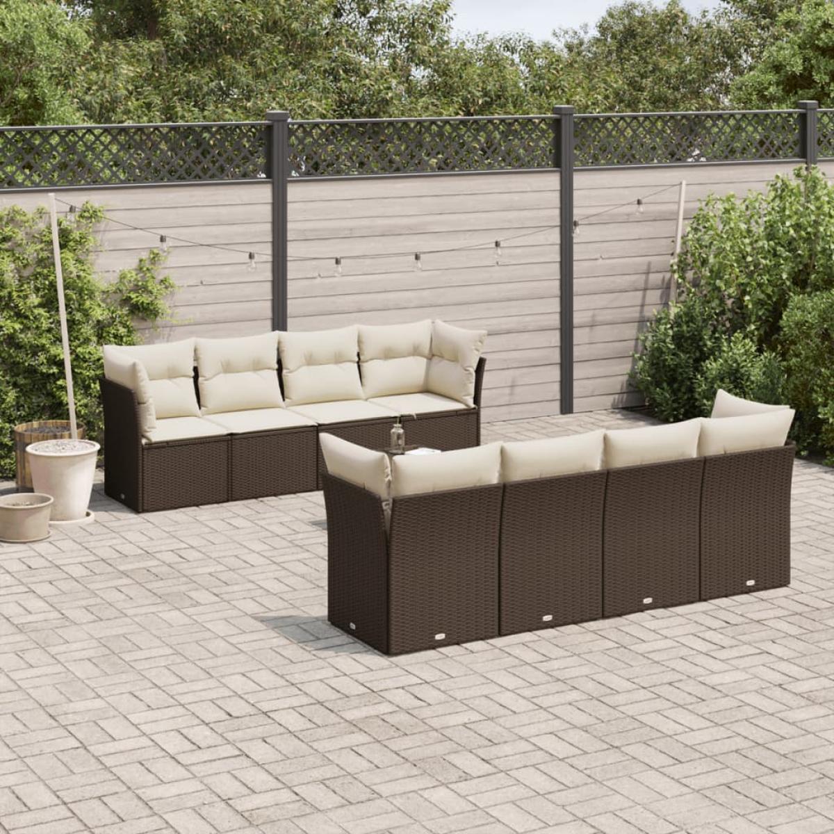 Set de sofás de jardín 9 pzas y cojines ratán sintético marrón