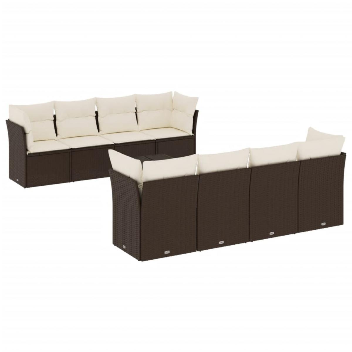 Set de sofás de jardín 9 pzas y cojines ratán sintético marrón