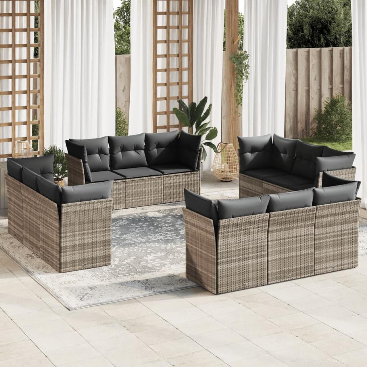 Set de sofás de jardín 12 pzas y cojines ratán sintético gris