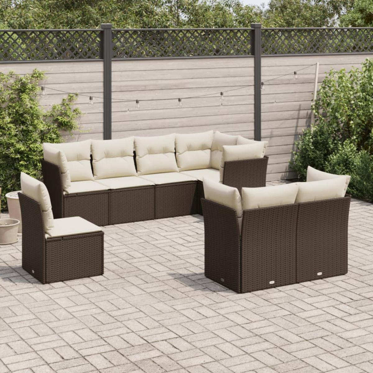 Set sofás de jardín 8 piezas y cojines ratán sintético marrón