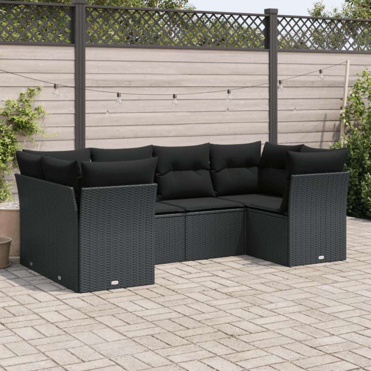 Set muebles de jardín 6 piezas y cojines ratán sintético negro