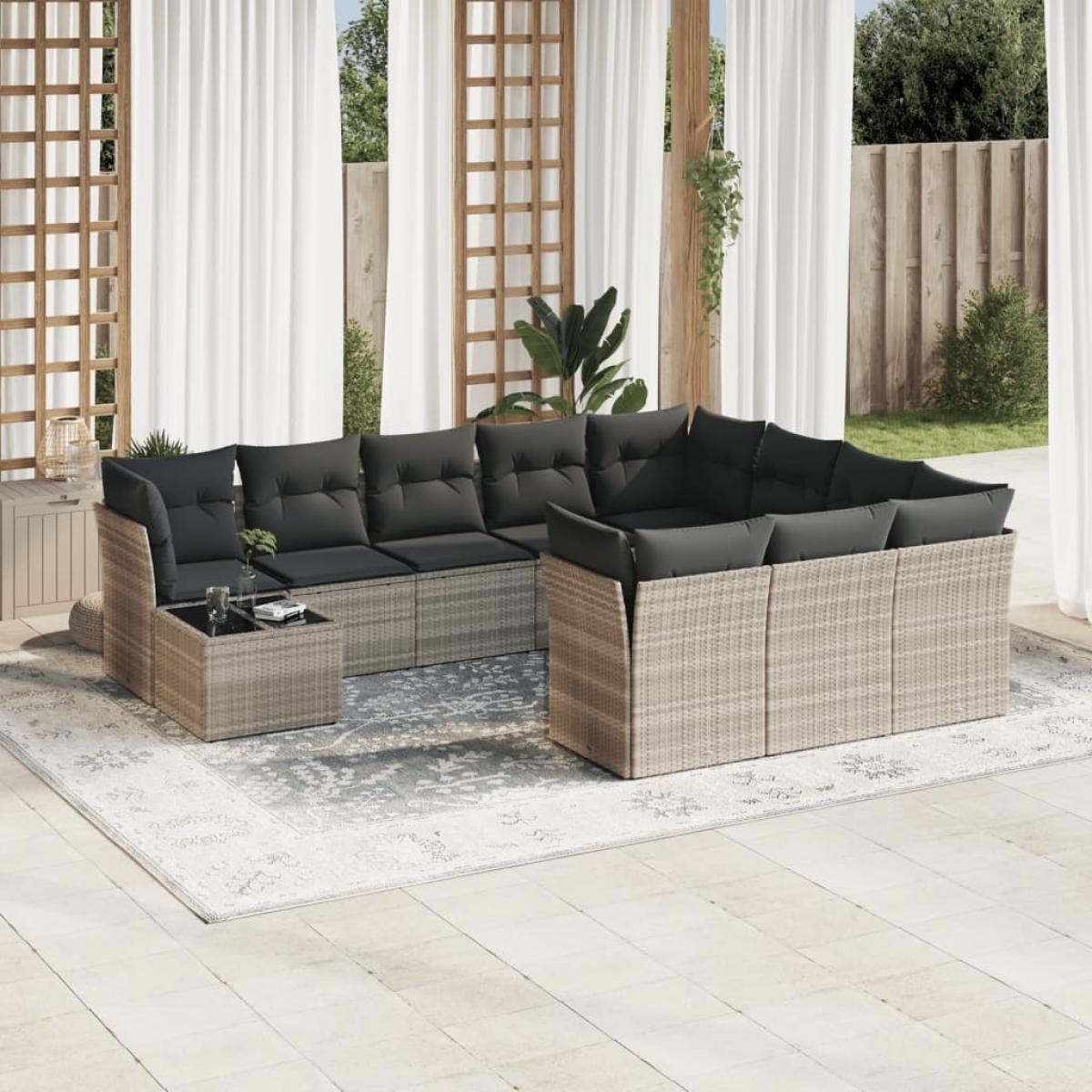 Set de sofás de jardín 11 pzas y cojines ratán sintético gris